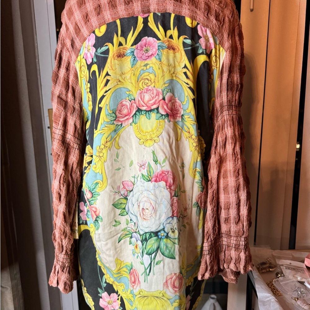 Aratta Button Down Plaid with Decorative Panel Back Bell Sleeve Terracotta Sz M